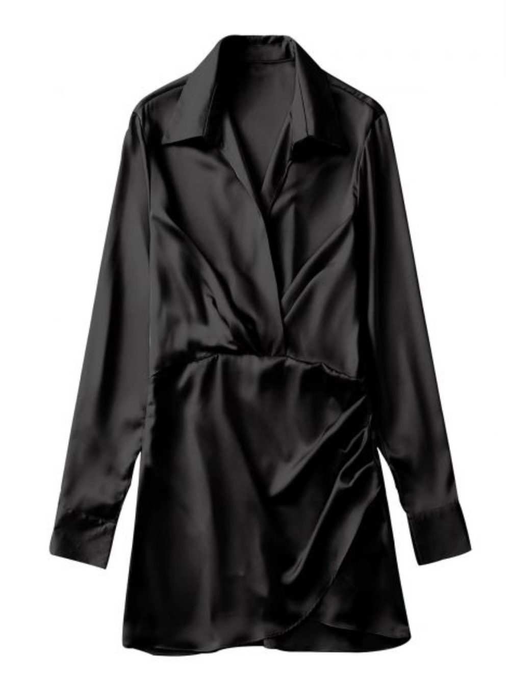 Satin Wrap-Front Black Shirt Dress